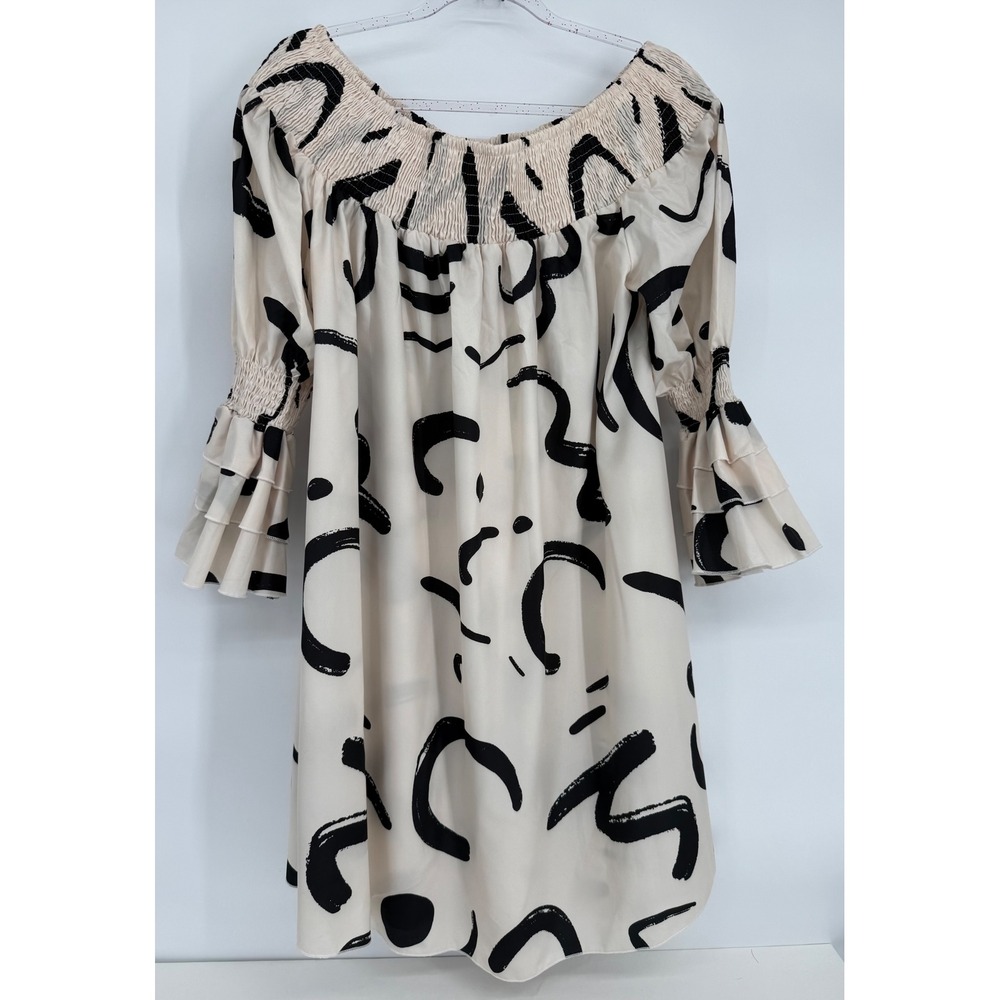 ChicMe 1XL Cream Black Abstract Brushstroke Off Shoulder Ruffle Mini Dress